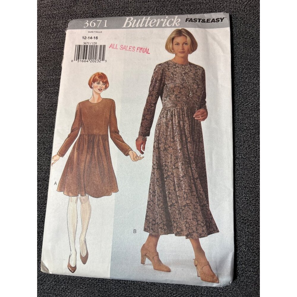 Butterick 3671 Womens Dress Sewing Pattern 12-14-16 Uncut 1994